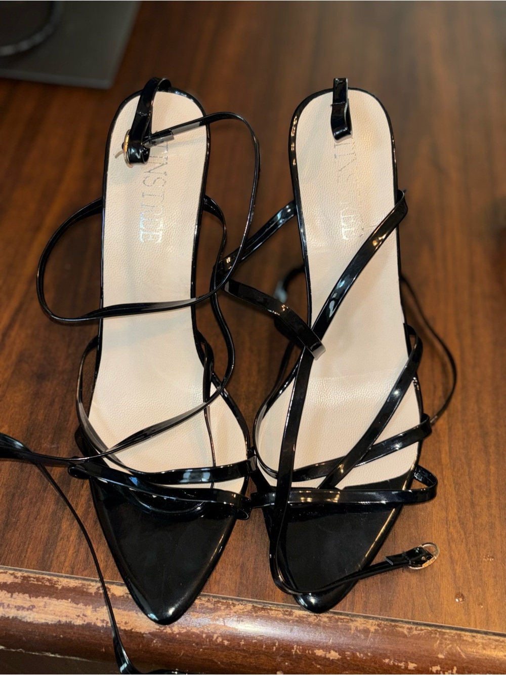 Black Patent Strappy Pointed-Toe Women’s Sandals